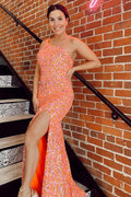 Robe de bal longue sirène asymétrique orange à sequins et fente sur le devant