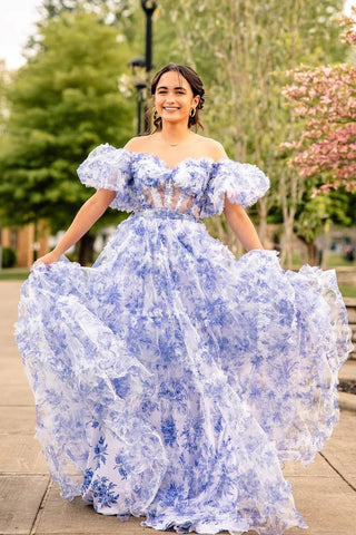 Sydney | Robe de bal longue en tulle imprimé coupe trapèze, décolleté cœur