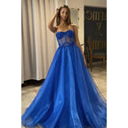 Robe de bal scintillante à bretelles spaghetti et appliques en dentelle pour femme 