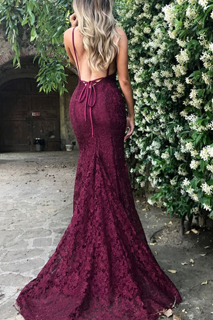 Vestido de fiesta sexy de sirena con escote en V y encaje burdeos