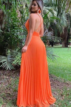 Vestido largo de fiesta de gasa plisado con escote en V y corte en A