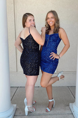 Sparkly Royal Bodycon Spaghetti Straps Sequins Corset Short Homecoming Dress