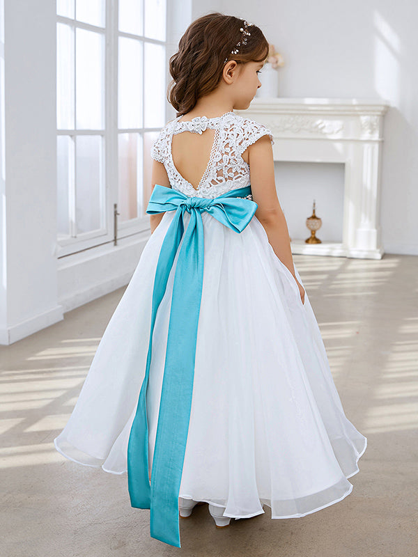 Vestido de niña de las flores color marfil, corte en A, de organza de encaje, hasta el tobillo 