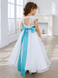 Vestido de niña de las flores color marfil, corte en A, de organza de encaje, hasta el tobillo 