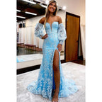Vestido formal de noche de graduación con escote en V, apliques de tul y mangas largas