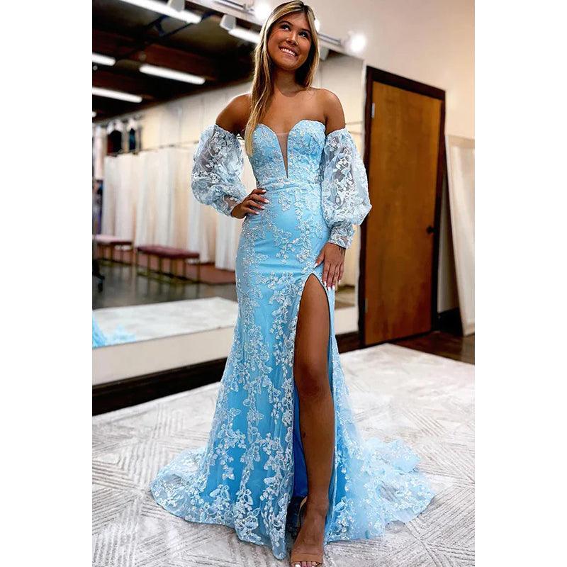 Vestido formal de noche de graduación con escote en V, apliques de tul y mangas largas