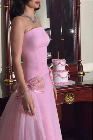 Vestido largo de fiesta rosa dulce sin tirantes con lazo, vestido de noche de tul y satén Y8053