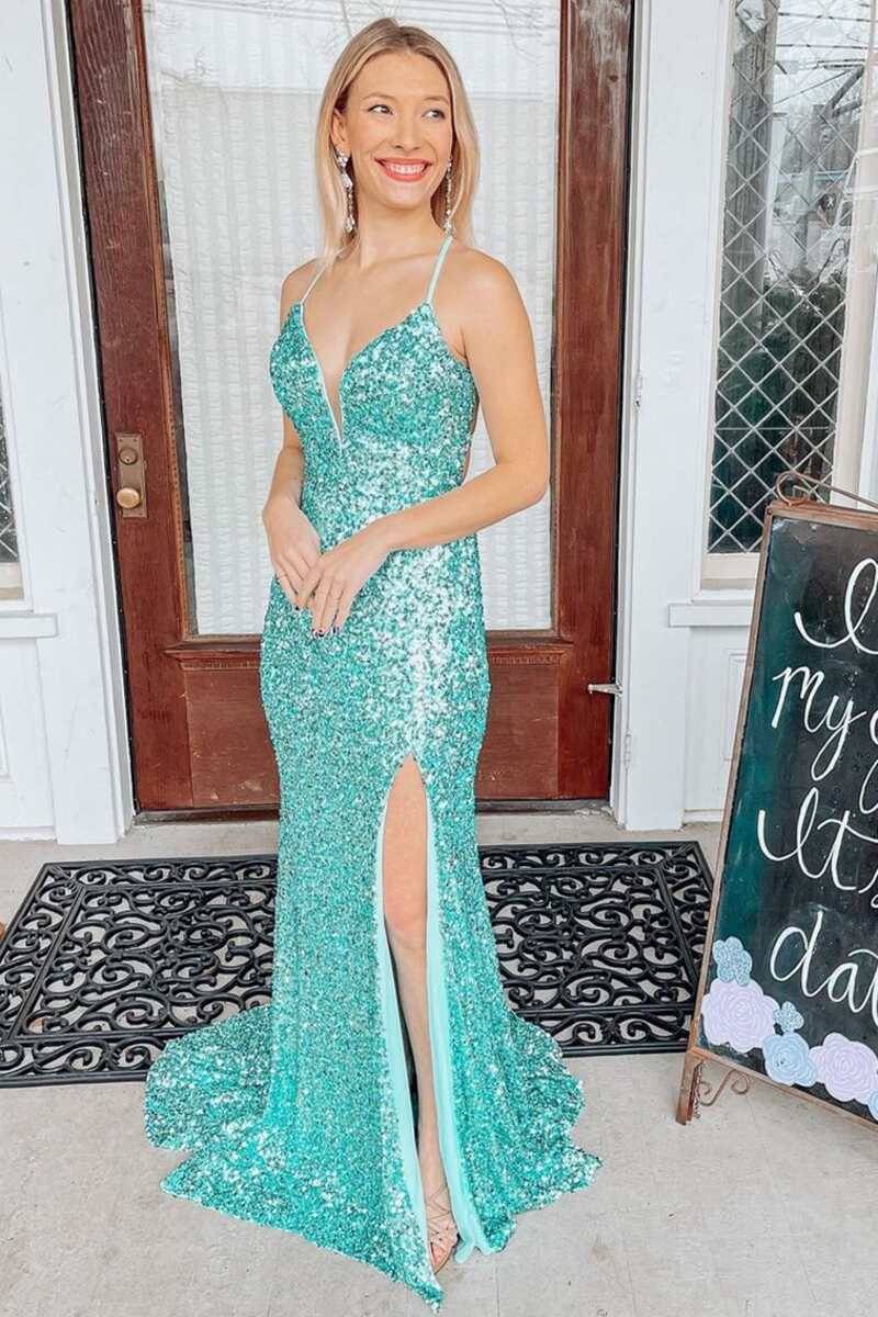 Robe de bal longue sirène à sequins jade clair et laçage au dos