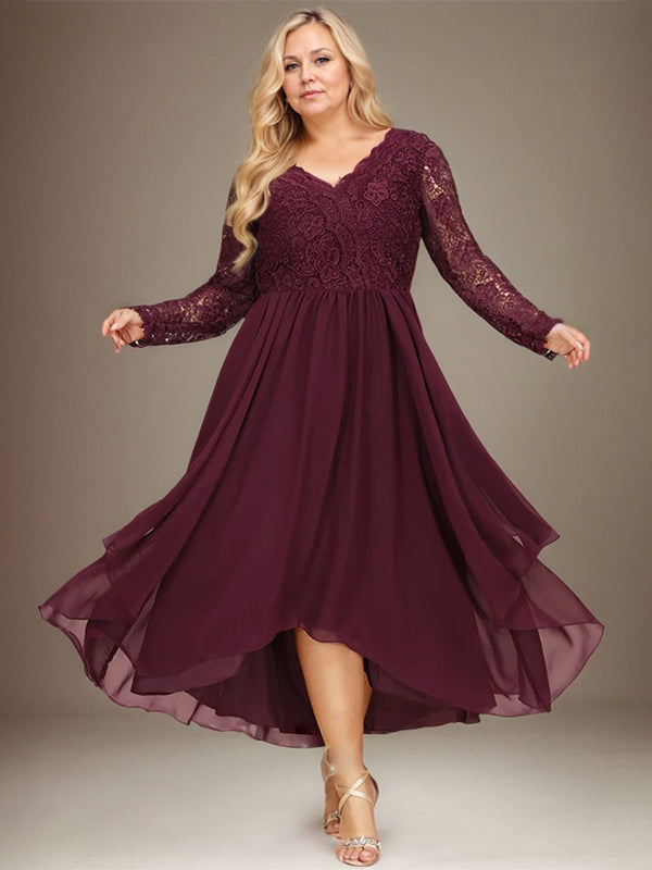 Vestido de novia de gasa con encaje asimétrico, escote en V y corte en A para la madre de la novia 