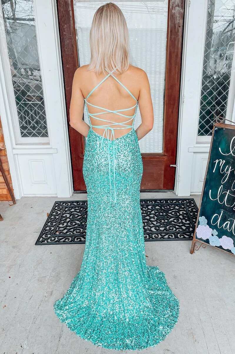 Robe de bal longue sirène à sequins jade clair et laçage au dos