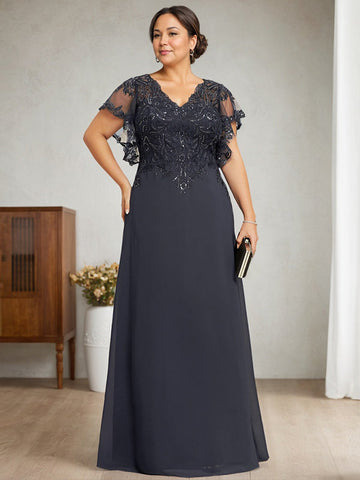 Vestido de novia de corte A, escote en V, largo hasta el suelo, de gasa de encaje con lentejuelas para la madre de la novia 