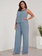 Tailleur-pantalon en mousseline à manches longues et col rond pour la mère de la mariée, avec veste 