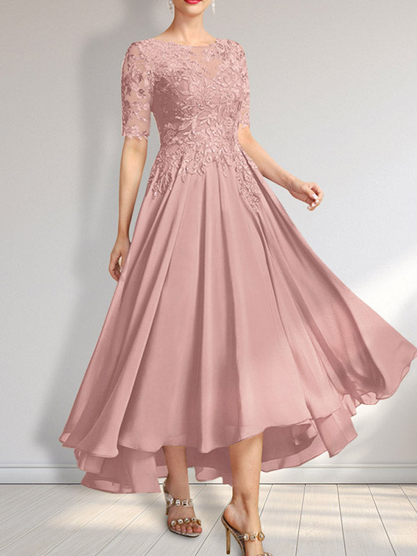 Robe de mère de la mariée asymétrique en mousseline de soie et dentelle, coupe trapèze, décolleté illusion, ornée de sequins 