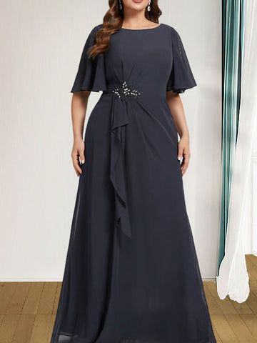 A-line Scoop Floor-Length Chiffon Mother of the Bride Dress With Cascading Ruffles Beading Sequins