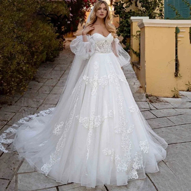 Robe de mariée princesse en tulle illusion, manches bouffantes, épaules dénudées, décolleté en cœur, appliques en dentelle, vestidos de noiva 