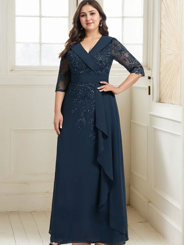 Vestido de novia de corte línea A, cuello en V, largo hasta el suelo, de encaje y gasa, con lentejuelas y volantes en cascada. 