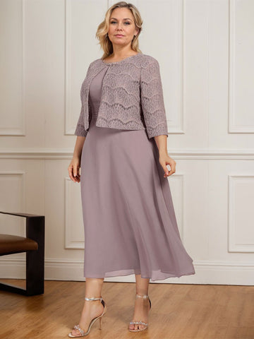 A-line Scoop Tea-Length Chiffon Mother of the Bride Dress With Pleated