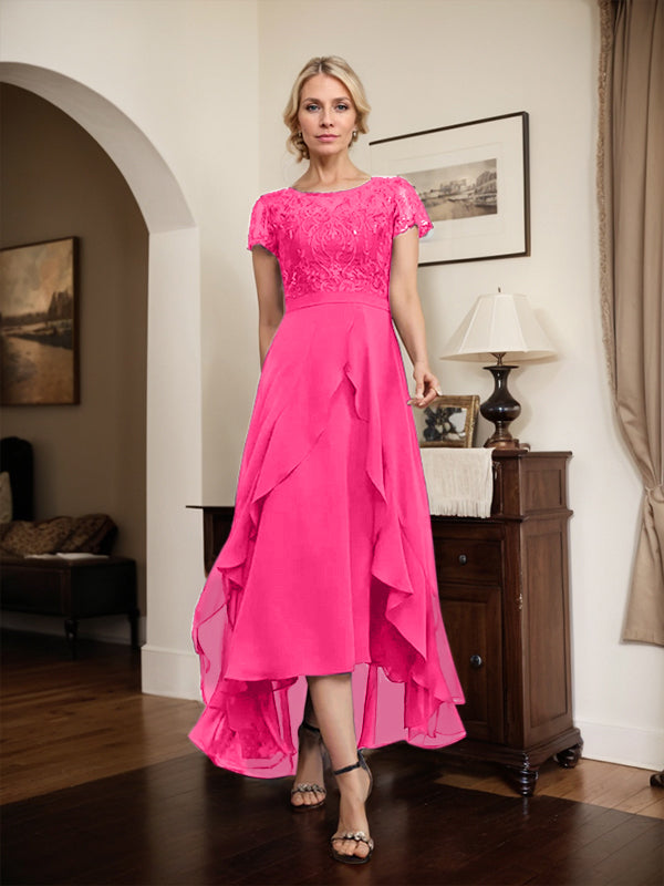 Vestido de novia asimétrico de gasa con encaje, corte en A, escote ilusión, detalle de lazo, volantes y lentejuelas para la madre de la novia 