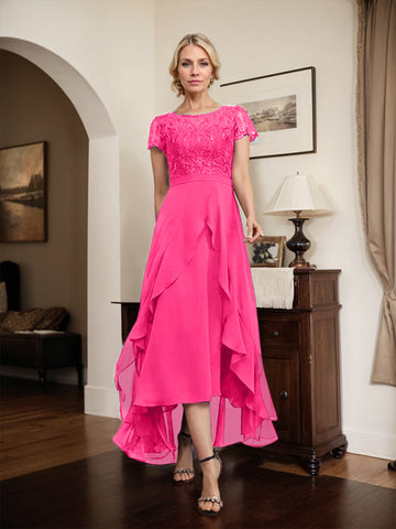A-line Scoop Illusion Asymmetrical Chiffon Lace Mother of the Bride Dress With Bow Ruffle Sequins