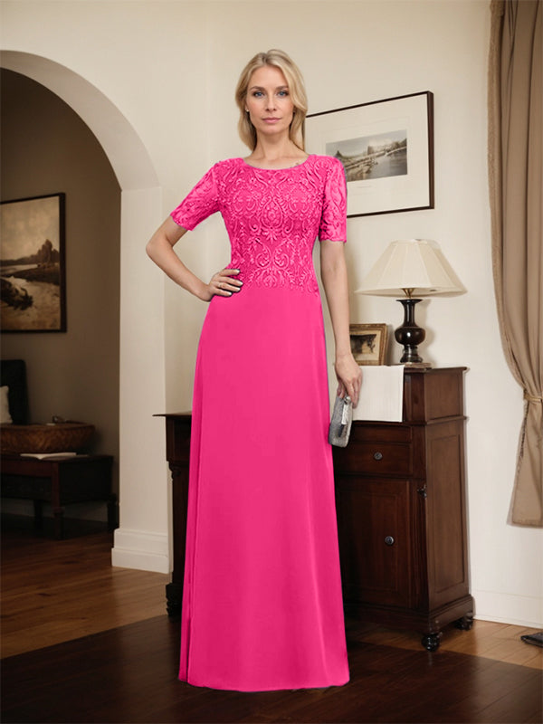 Vestido de novia de corte línea A, escote redondo, largo hasta el suelo, de encaje y gasa con lentejuelas.