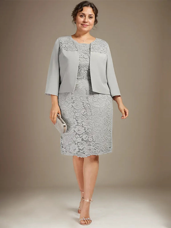 Vestido de novia de gasa con encaje, corte recto y escote redondo hasta la rodilla, con pedrería, para la madre de la novia. 