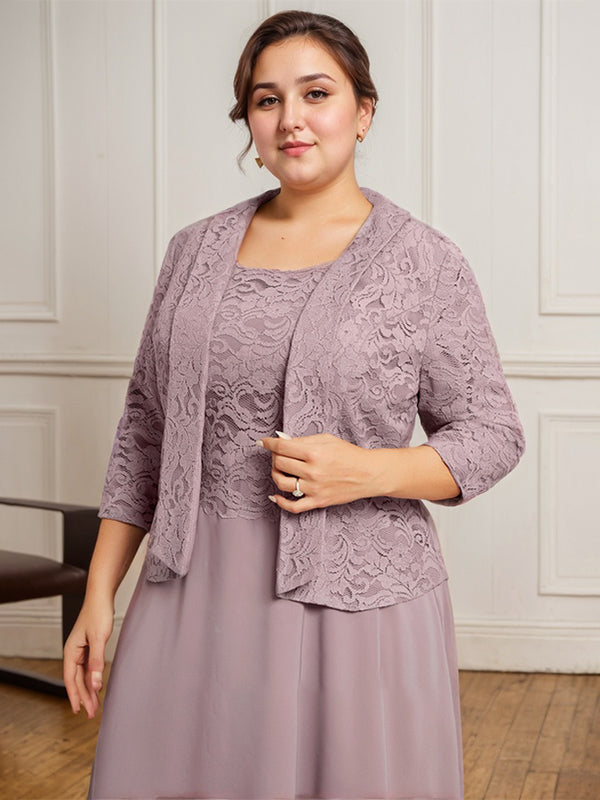 Vestido de corte A con escote redondo y largo hasta la rodilla en gasa de encaje para la madre de la novia 