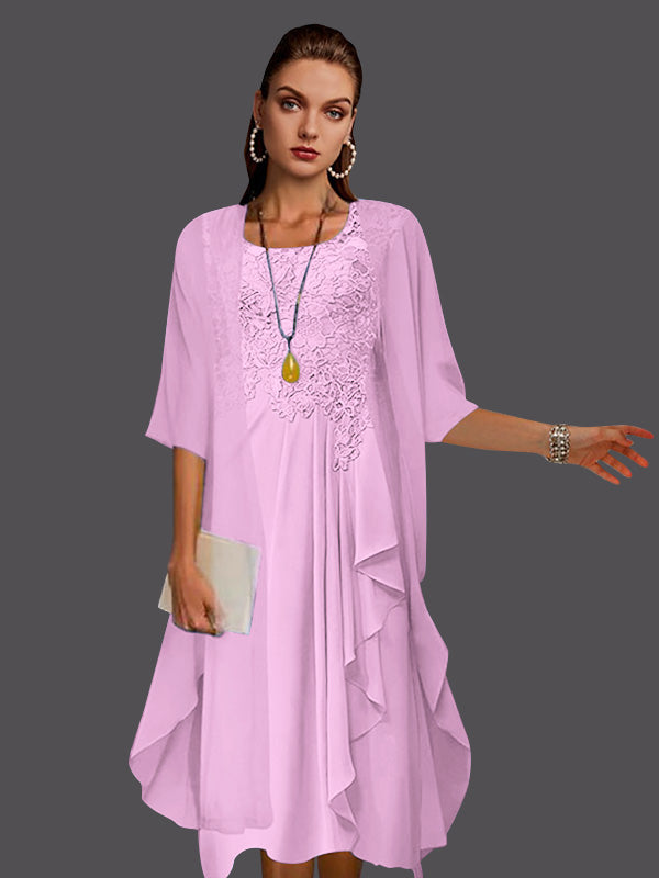 Vestidos de dos piezas de corte A, de gasa, encaje, sin mangas, con chaqueta, pliegues y apliques. 