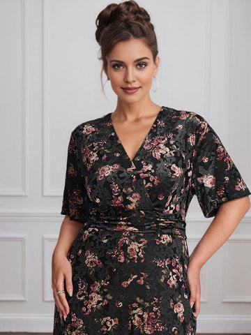 Robe vintage unie en velours, col V, manches courtes, longueur thé, idéale pour la mère de la mariée, avec fente. 