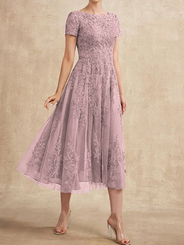 A-line Scoop Tea-Length Tulle Lace Mother of the Bride Dress