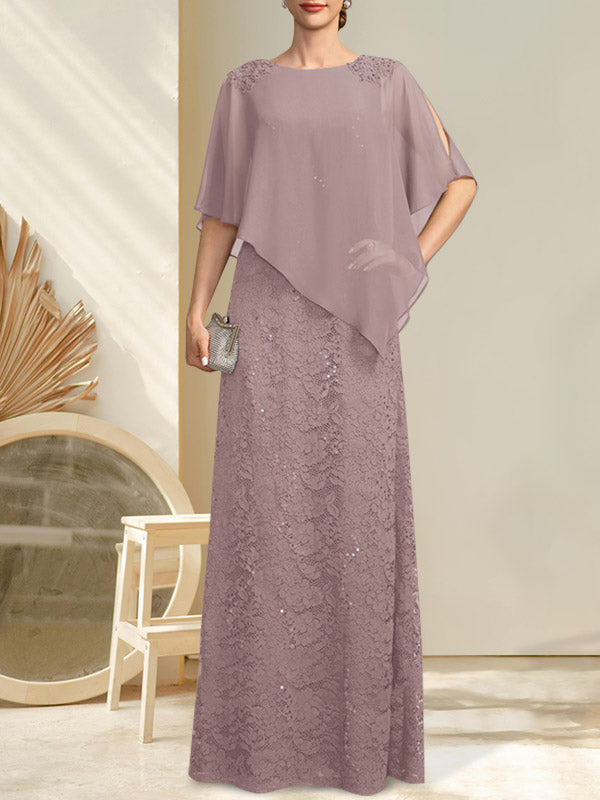 Robe fourreau/colonne longue en mousseline de soie et dentelle, ornée de sequins et de perles, pour la mère de la mariée.