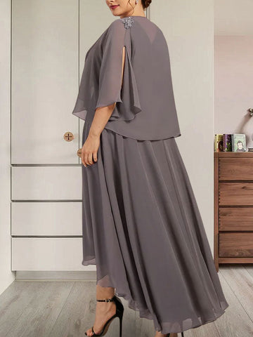 Vestido de corte A, escote en V, asimétrico, de gasa, para la madre de la novia, con lentejuelas y pedrería.