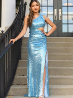 Vestido de sirena negro brillante único de un solo hombro para baile de graduación