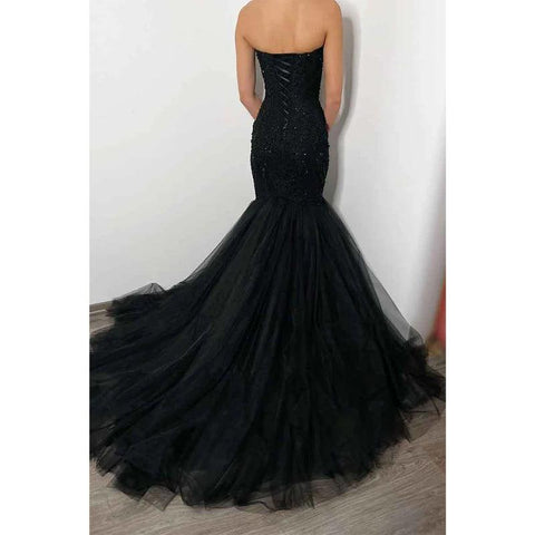 Robe de soirée sirène noire sexy à col en V profond et perles avec traîne 