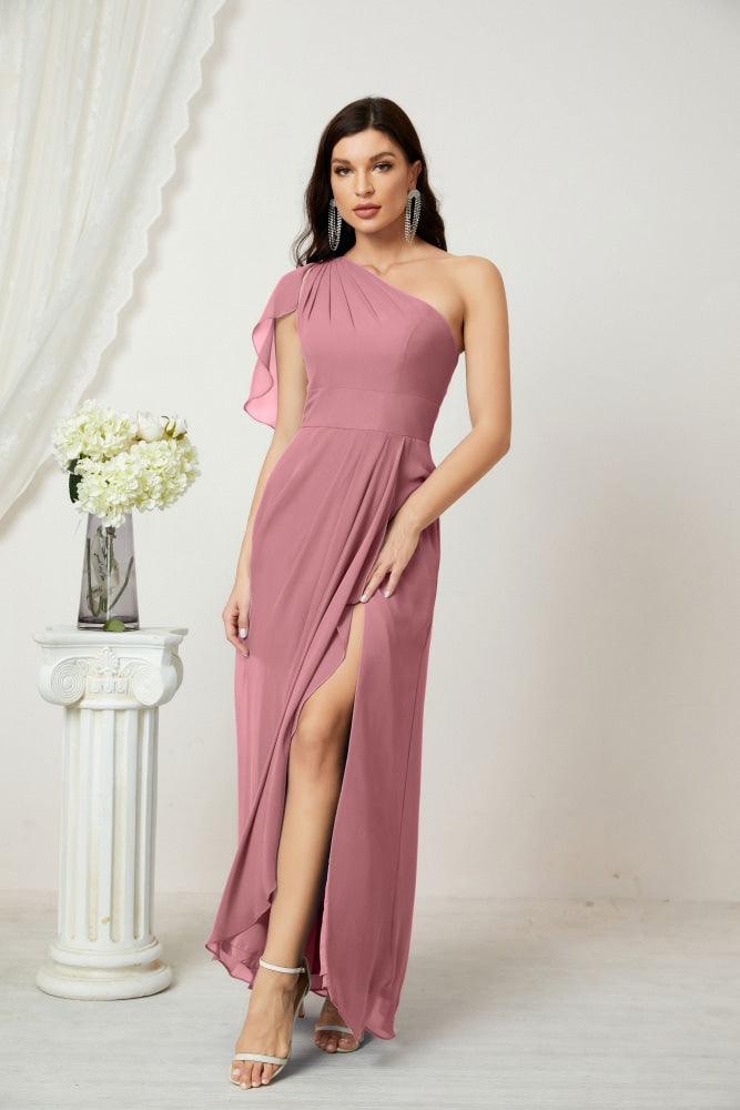 Baoleely  Chiffon Ruffled One Shoulder Long Bridesmaid Dresses A-line Formal Evening Gown Side Split 2809
