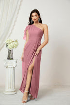 Baoleely  Chiffon Ruffled One Shoulder Long Bridesmaid Dresses A-line Formal Evening Gown Side Split 2809