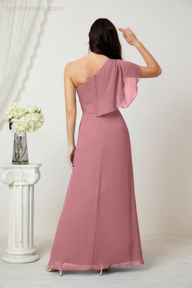 Baoleely  Chiffon Ruffled One Shoulder Long Bridesmaid Dresses A-line Formal Evening Gown Side Split 2809