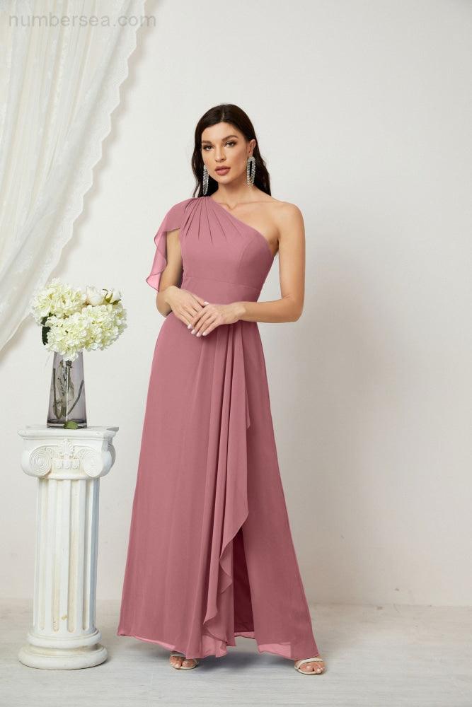 Baoleely  Chiffon Ruffled One Shoulder Long Bridesmaid Dresses A-line Formal Evening Gown Side Split 2809