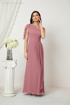 Baoleely  Chiffon Ruffled One Shoulder Long Bridesmaid Dresses A-line Formal Evening Gown Side Split 2809