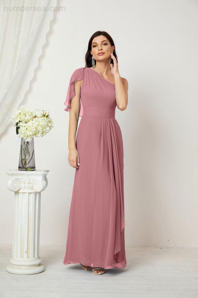 Baoleely  Chiffon Ruffled One Shoulder Long Bridesmaid Dresses A-line Formal Evening Gown Side Split 2809