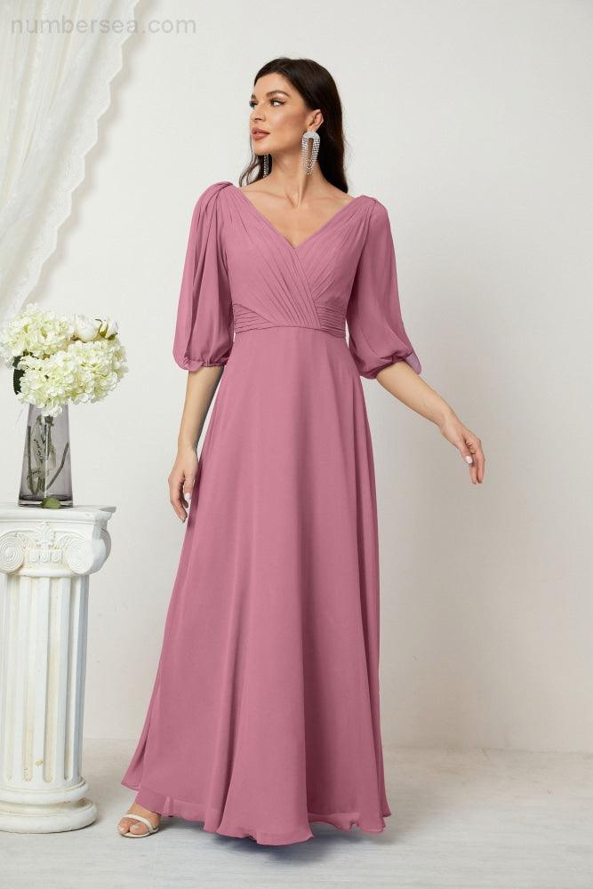 Baoleely  Formal Prom Gown Women V-Neck Chiffon Bridesmaid Dresses Long Bishop Sleeve Party Dress 2807