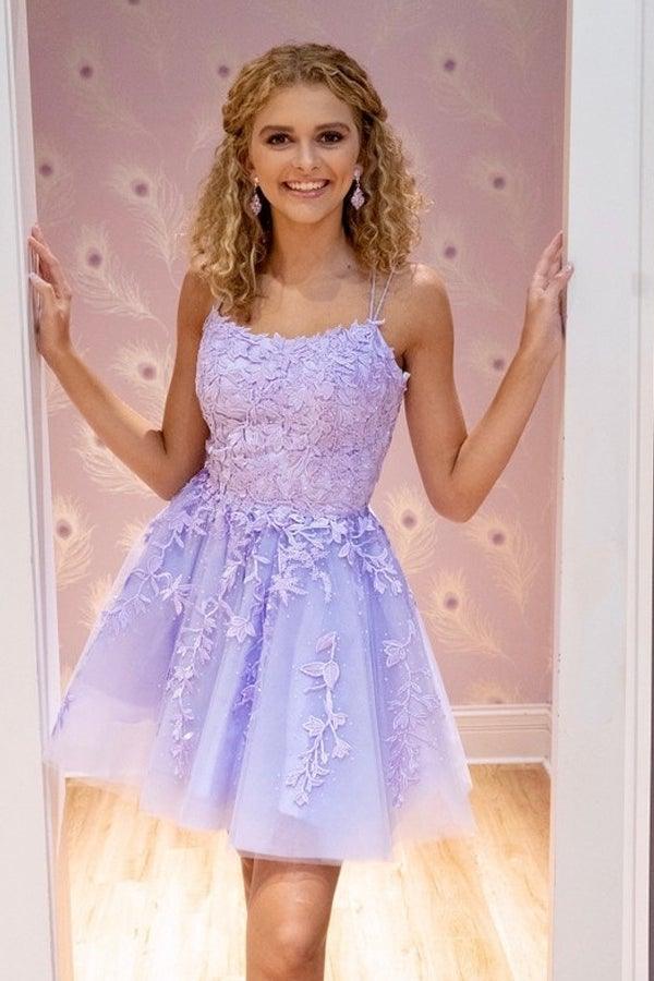 Vestido corto de fiesta azul con tirantes y apliques de encaje PD424