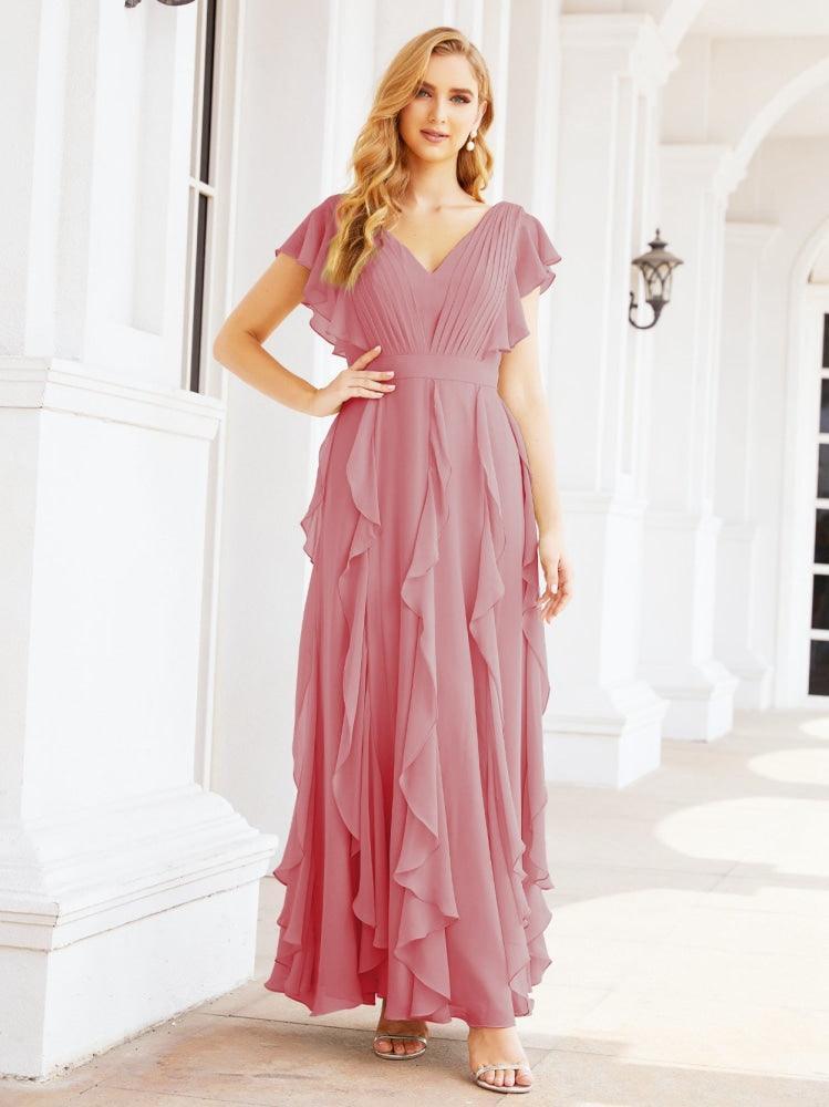 Ruffled Bridesmaid Dresses with Sleeves Long Formal Party Dress 28041
