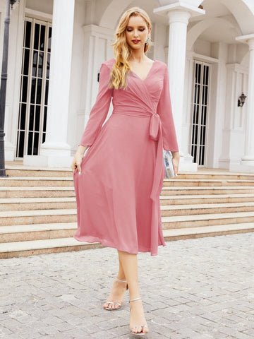 Vestido de dama de honor con espalda en V y cinturón, para la madre de la novia o invitada a la boda SY28031