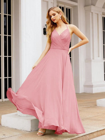 Baoleely Halter Chiffon Bridesmaid Dresses Wedding Appare Sleeveless Formal Prom Dress with Ruffled Back 28035