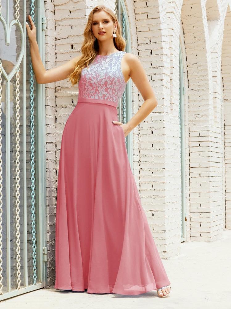 Vestido de dama de honor de encaje, largo hasta el suelo, con bolsillos, 28017 