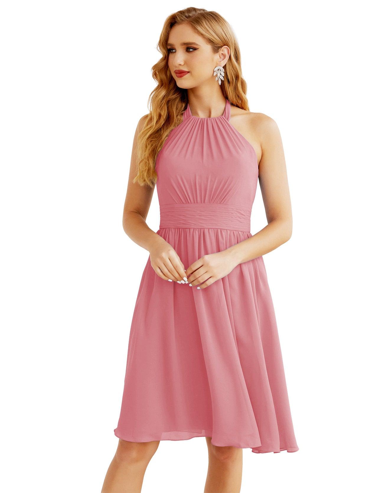 Baoleely - Vestido de dama de honor de gasa con cuello halter, corto, sin mangas, formal, para fiesta, espalda descubierta, 28023 
