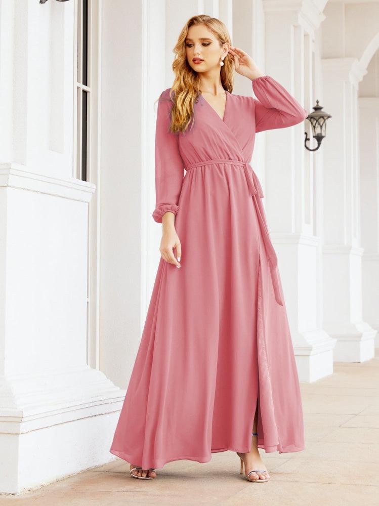 Vestido de dama de honor de gasa para mujer Sunderly, corte en A, manga larga, vestido de noche formal para invitada de boda SY28032 