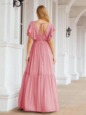 Vestido de fiesta formal de noche con espalda descubierta para mujer Baoleely, escote en V, largo, de gasa, con cinturón a la cintura 28038