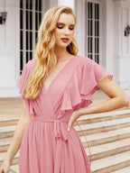 Baoleely Women's Open Back Formal Evening Party Prom Gowns V-Neck Long Chiffon Bridesmaid Dresses with Waist Belt 28038