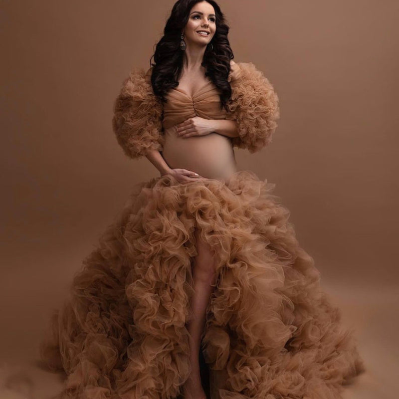 Elegante vestido de maternidad de tul, vestido de maternidad color champán, vestidos de maternidad de tul para sesión de fotos, bata, vestidos formales para embarazadas